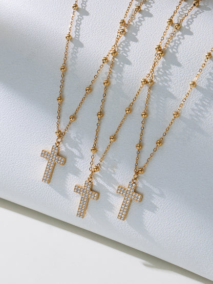 Gold Stainless Steel Cross Zirconia Necklace, Bracelet, Earrings & Ring | Minimalist Cross Jewelry Set
