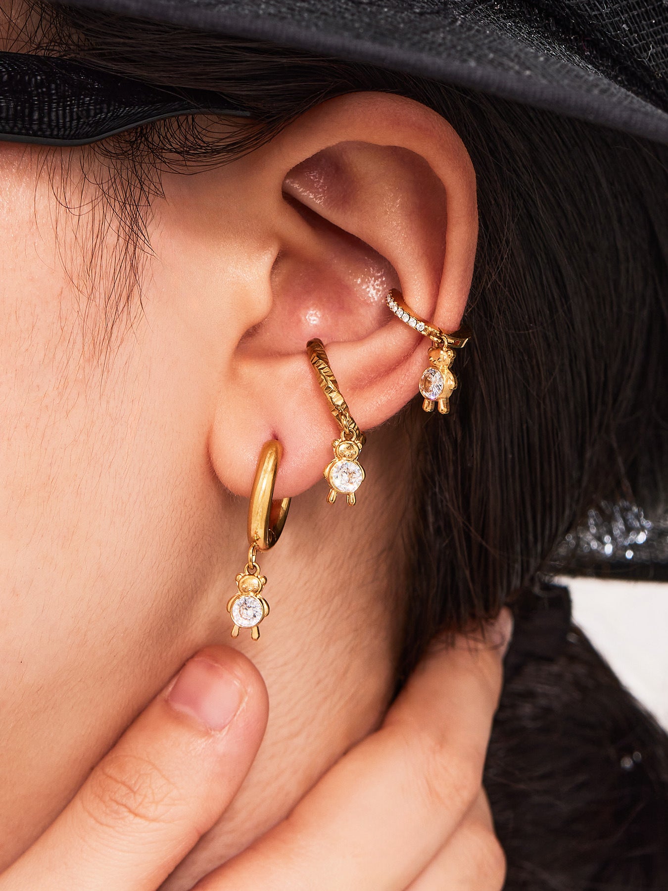 Trendy Stainless Steel Zircon Pendant Hoop Earrings Set – Creative Human & Animal Shapes, Gold Plated Fashion Jewelry