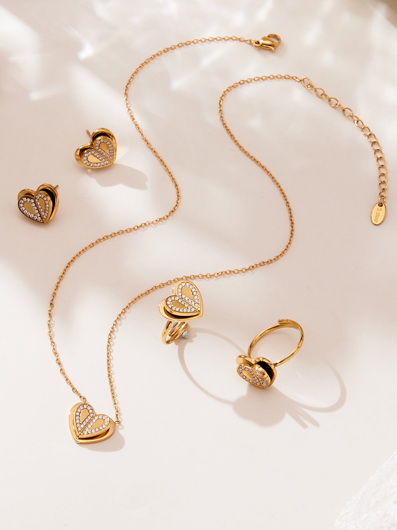 Double Heart Zircon Pendant Necklace, Earrings & Ring Jewelry Set - Gold & Steel Stainless Steel