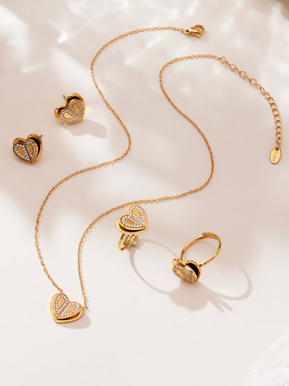 Double Heart Zircon Pendant Necklace, Earrings & Ring Jewelry Set - Gold & Steel Stainless Steel