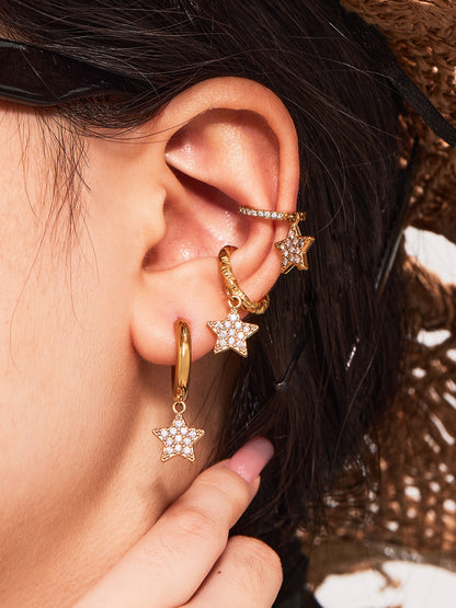 Gold Stainless Steel Five-Pointed Star Zirconia Hoop Earrings Set | Layered Star Earrings | High-Shine Statement Jewelry for Women