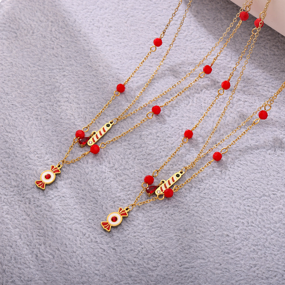 Gold Stainless Steel Christmas Candy Apple Multi-Layer Necklace, Bracelet & Asymmetric Earrings – Holiday Jewelry Gift Set