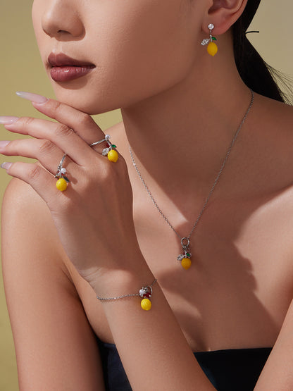 Stainless Steel Resin Lemon Zircon Pendant Necklace, Earrings, Bracelet & Ring Jewelry Set