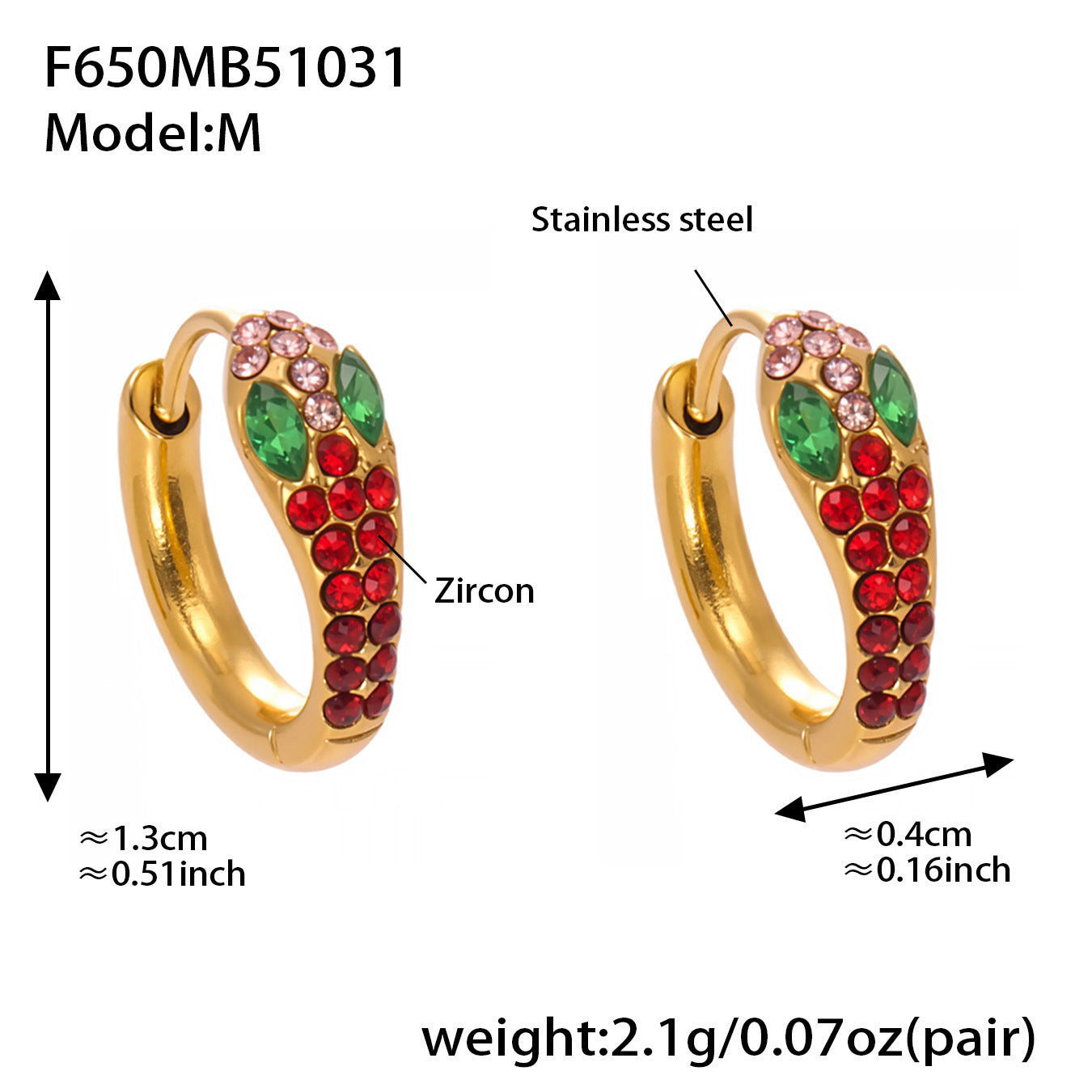 Colorful Zircon Snake Hoop Earrings | Stainless Steel Serpent Earrings Set – WANTI Jewelry