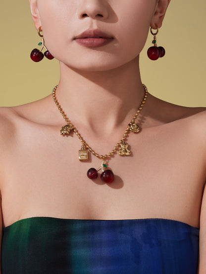 Cherry Zircon Jewelry Set | Gold & Silver Stainless Steel Necklace, Bracelet & Earrings | Trendy Red Resin Cherry Collection by WANTI Jewelry