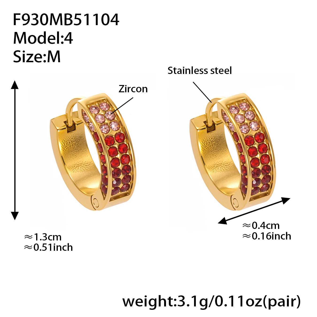 Stainless Steel U-Shaped Zircon Earrings – Colorful High-End Fashion Jewelry Hoop Set
