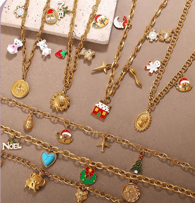 Halloween Christmas Gold Plated Stainless Steel Necklace - Heart Tree Tassel Pendant - Drip Oil Design - Minimalist Fashion Jewelry for Women