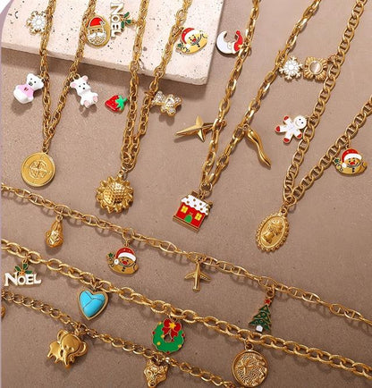 Halloween Christmas Gold Plated Stainless Steel Necklace - Heart Tree Tassel Pendant - Drip Oil Design - Minimalist Fashion Jewelry for Women