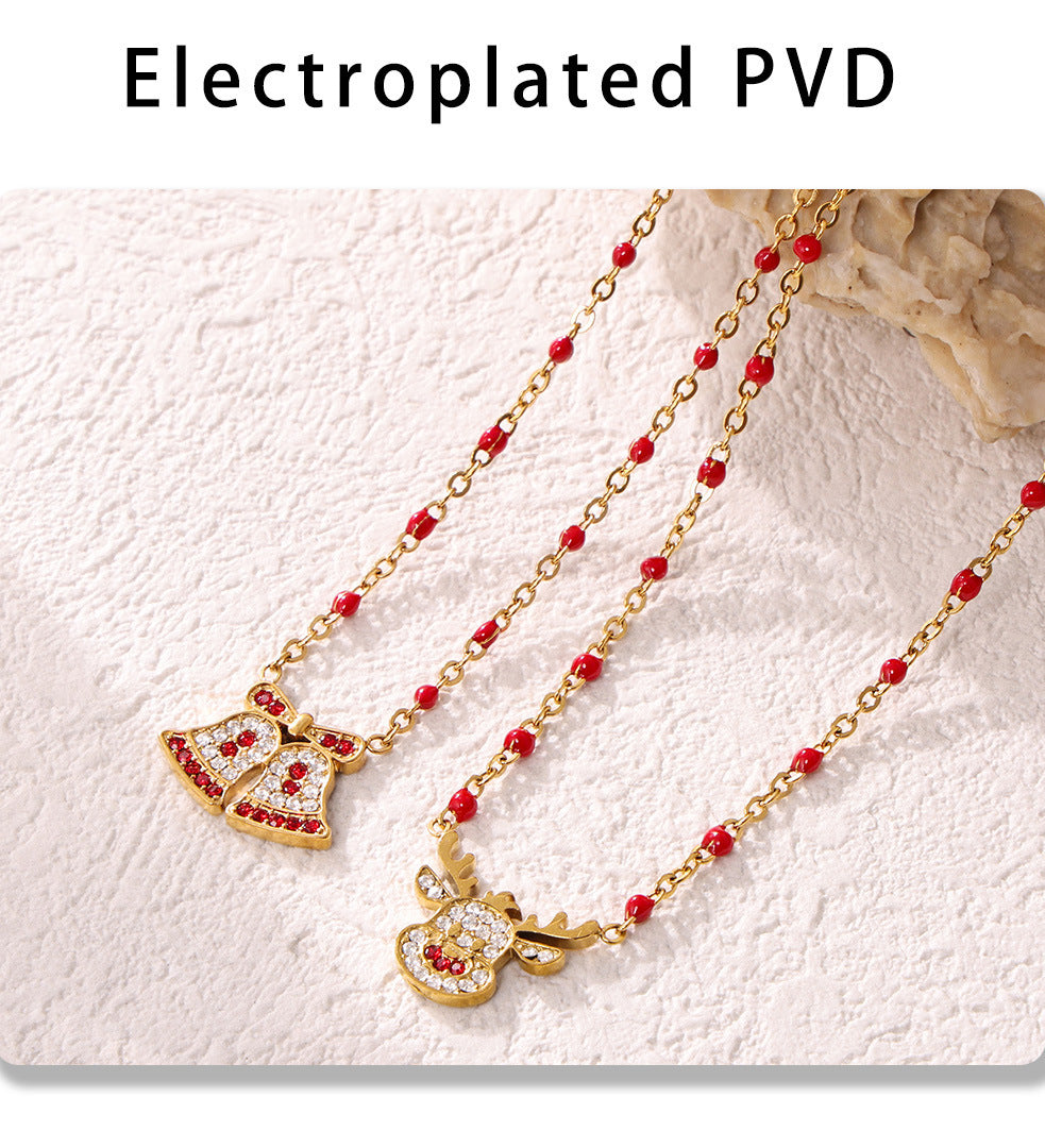 Gold Stainless Steel Christmas Bell & Reindeer Zircon Pendant Necklace | Festive Holiday Jewelry Gift