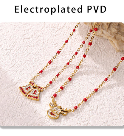 Gold Stainless Steel Christmas Bell & Reindeer Zircon Pendant Necklace | Festive Holiday Jewelry Gift