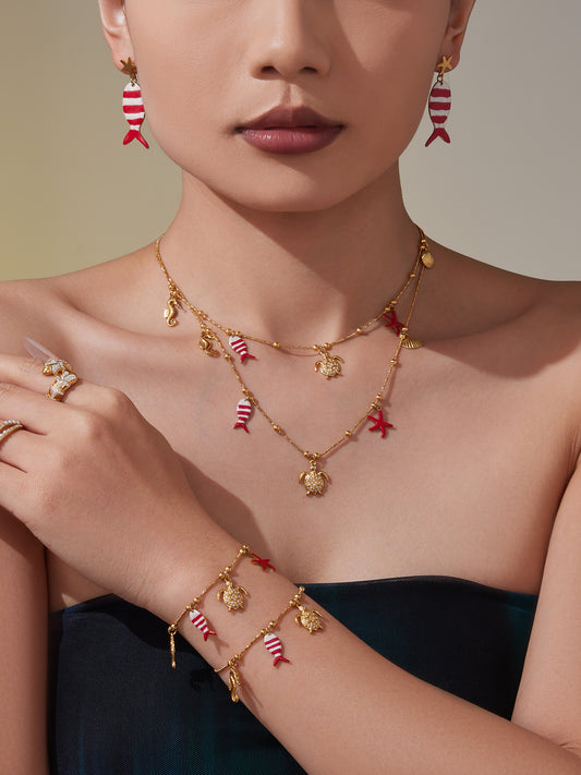 Coral Red Fish, Octopus & Turtle Pendant Jewelry Set – Stainless Steel Necklace, Bracelet, Anklet & Earrings | Trendy Ocean Style Accessories