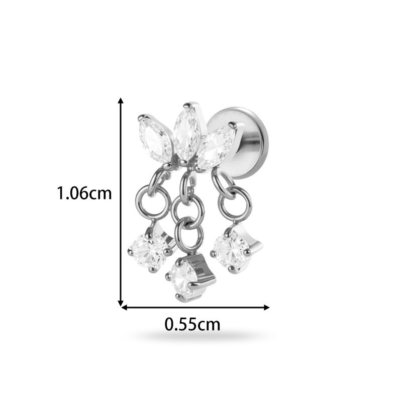 Implant Grade ASTM F136 Titanium Threadless Push Pin Zircon Chain Dangle Flat Back Stud | Geometric Cartilage Helix Tragus Lip Piercing Jewelry