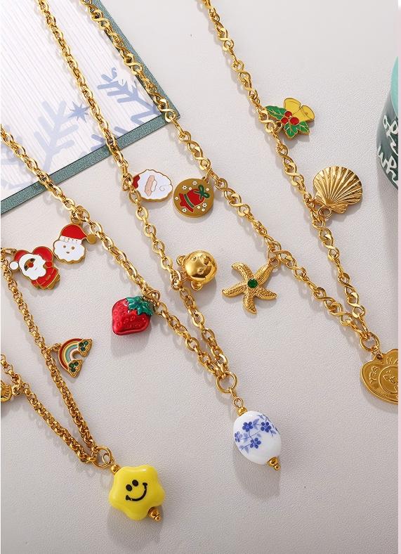Gold Stainless Steel Christmas Holiday Pendant Tassel Necklace | Festive Fashion Jewelry