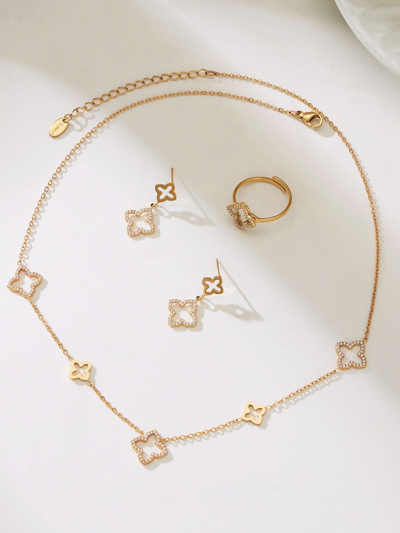 Stainless Steel Four-Leaf Clover Zirconia Jewelry Set – Necklace, Earrings & Ring | Minimalist Lucky Clover Jewelry | Fashion Stainless Steel Accessories