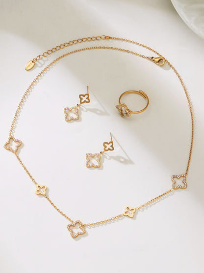 Stainless Steel Four-Leaf Clover Zirconia Jewelry Set – Necklace, Earrings & Ring | Minimalist Lucky Clover Jewelry | Fashion Stainless Steel Accessories