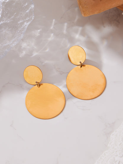 Stainless Steel Long Pendant Sweater Necklace, Drop Earrings & Ring Set – Gold Minimalist Round Disc Jewelry