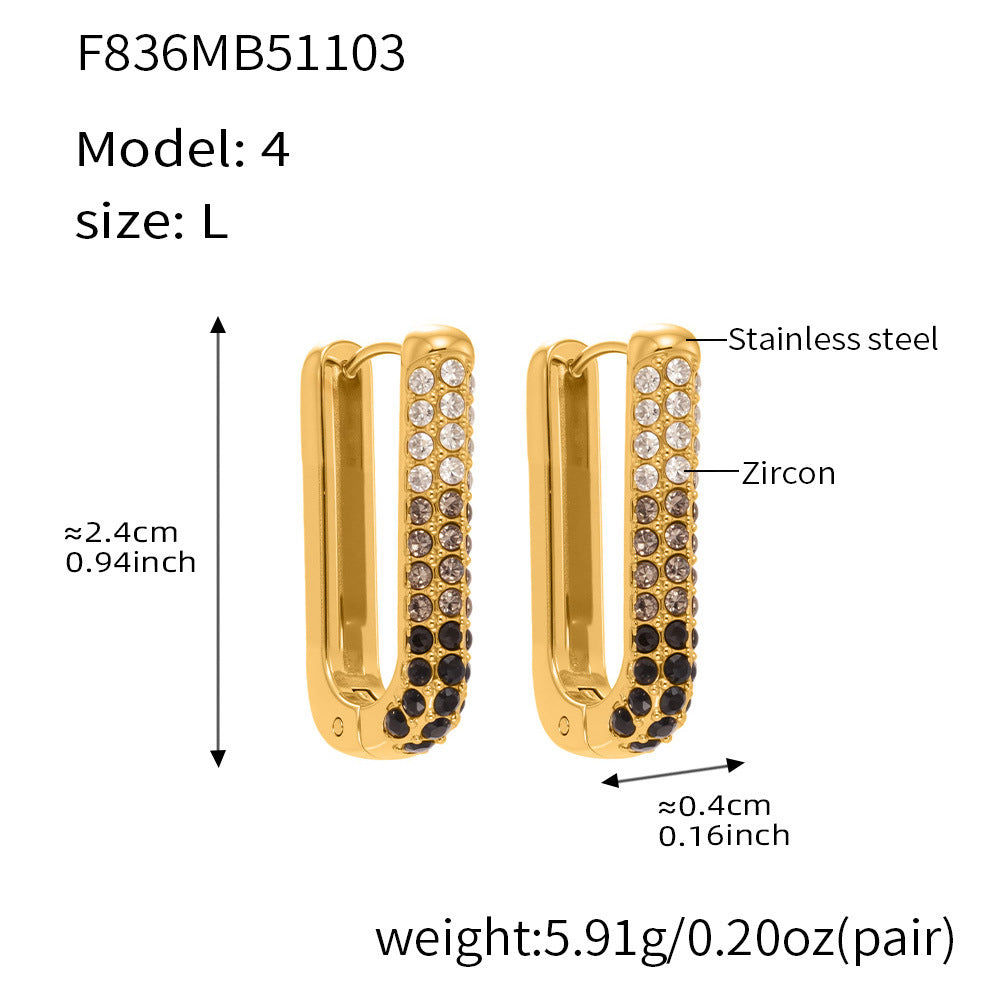 Stainless Steel Long U-Shaped Hoop Earrings with 5A Zircon – Elegant Colorful Statement Fashion Jewelry
