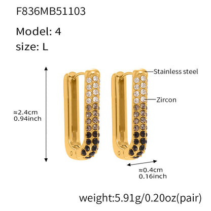 Stainless Steel Long U-Shaped Hoop Earrings with 5A Zircon – Elegant Colorful Statement Fashion Jewelry