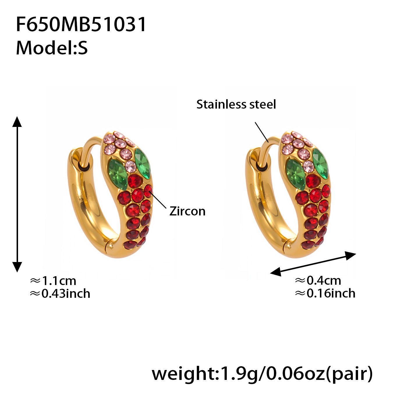 Colorful Zircon Snake Hoop Earrings | Stainless Steel Serpent Earrings Set – WANTI Jewelry