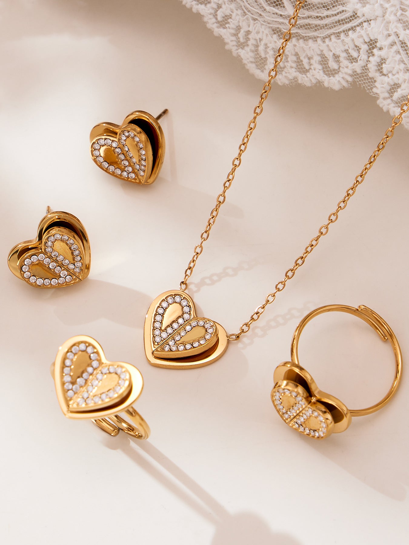 Double Heart Zircon Pendant Necklace, Earrings & Ring Jewelry Set - Gold & Steel Stainless Steel