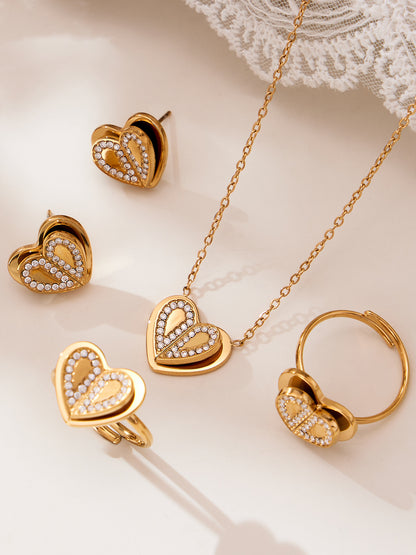 Double Heart Zircon Pendant Necklace, Earrings & Ring Jewelry Set - Gold & Steel Stainless Steel