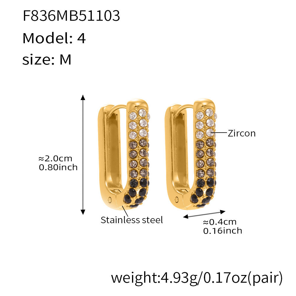 Stainless Steel Long U-Shaped Hoop Earrings with 5A Zircon – Elegant Colorful Statement Fashion Jewelry