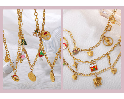 Halloween Christmas Gold Plated Stainless Steel Necklace - Heart Tree Tassel Pendant - Drip Oil Design - Minimalist Fashion Jewelry for Women