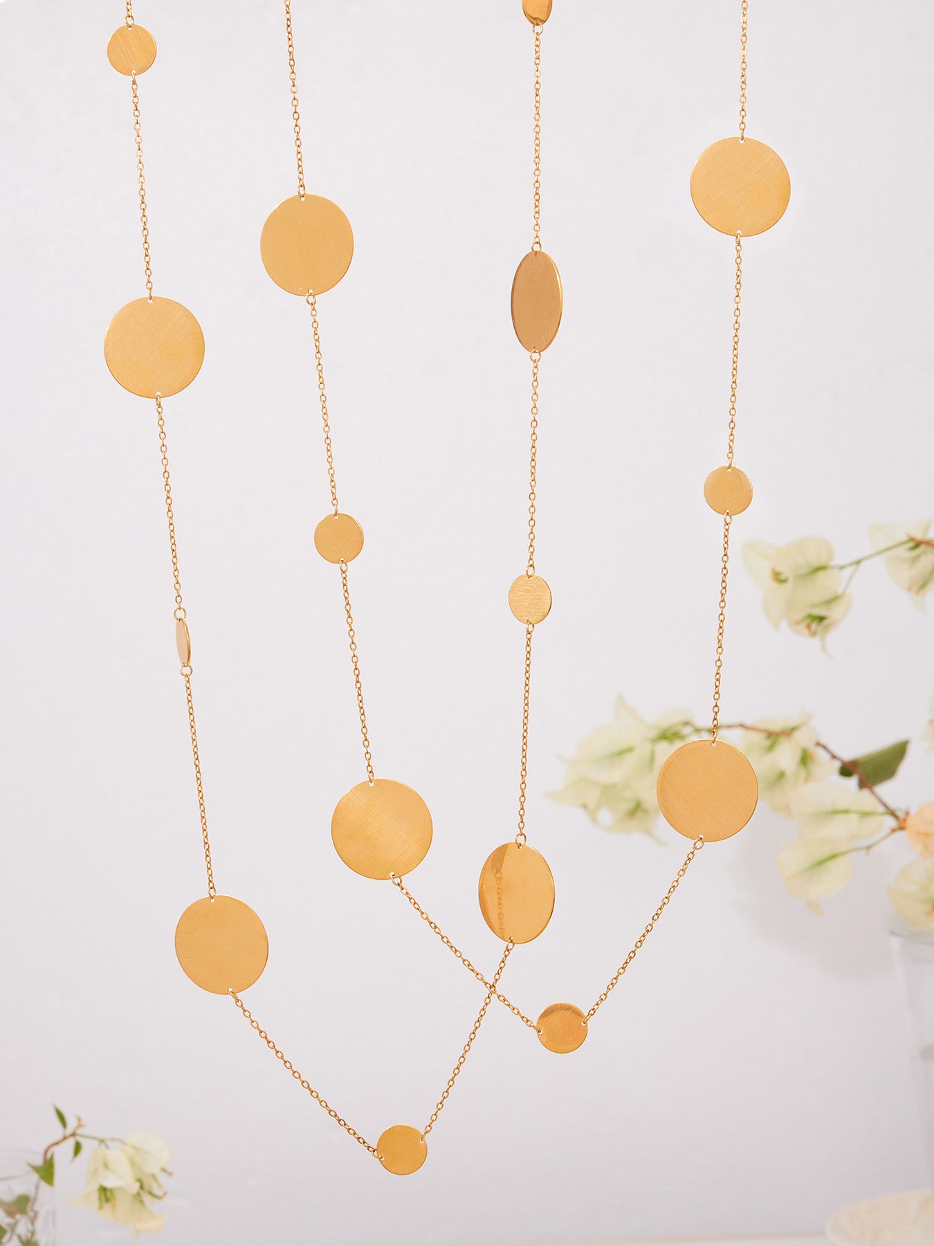 Stainless Steel Long Pendant Sweater Necklace, Drop Earrings & Ring Set – Gold Minimalist Round Disc Jewelry