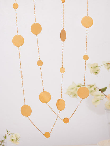 Stainless Steel Long Pendant Sweater Necklace, Drop Earrings & Ring Set – Gold Minimalist Round Disc Jewelry