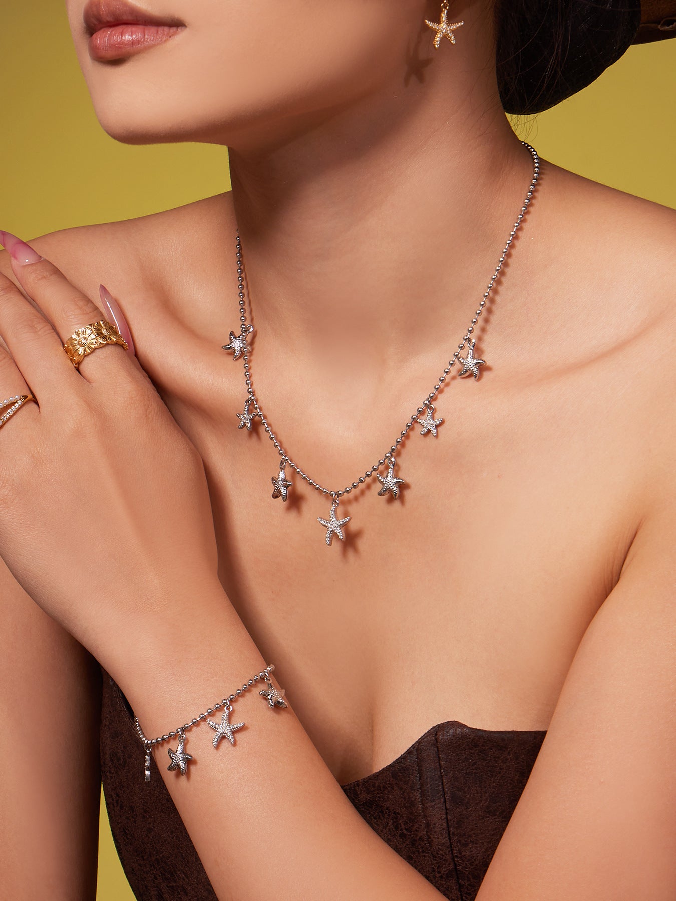 Ocean Starfish Jewelry Set – Stainless Steel Necklace, Bracelet, Earrings & Anklet | Beach Style Fashion Jewelry | Hypoallergenic Gift for Women