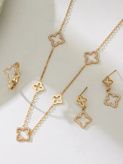 Stainless Steel Four-Leaf Clover Zirconia Jewelry Set – Necklace, Earrings & Ring | Minimalist Lucky Clover Jewelry | Fashion Stainless Steel Accessories