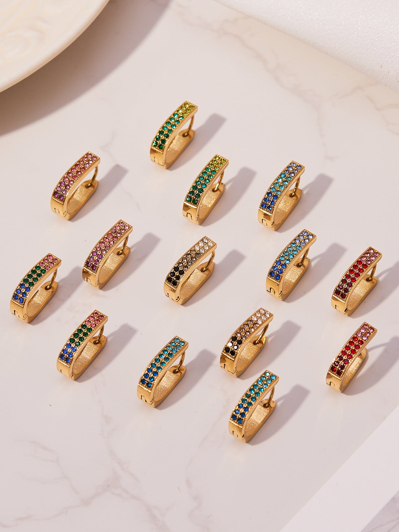 U-Shaped Geometric Zircon Earrings | Stainless Steel Micro Paved Colorful Hoop Earrings | Minimalist Modern Fashion Jewelry