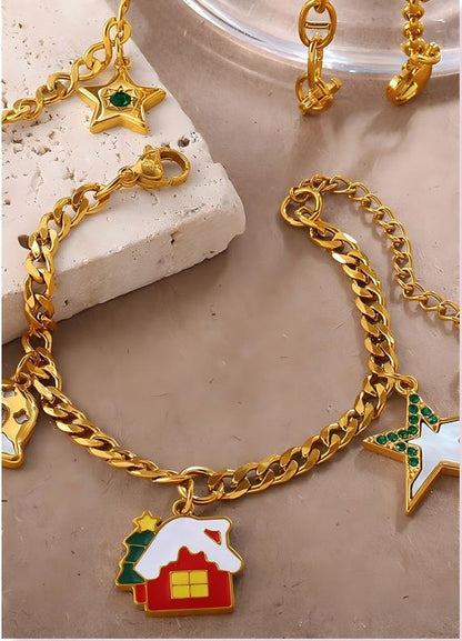 Christmas Collection – Gold Plated Stainless Steel Dripping Oil Pendant & Tassel Bracelet  Set