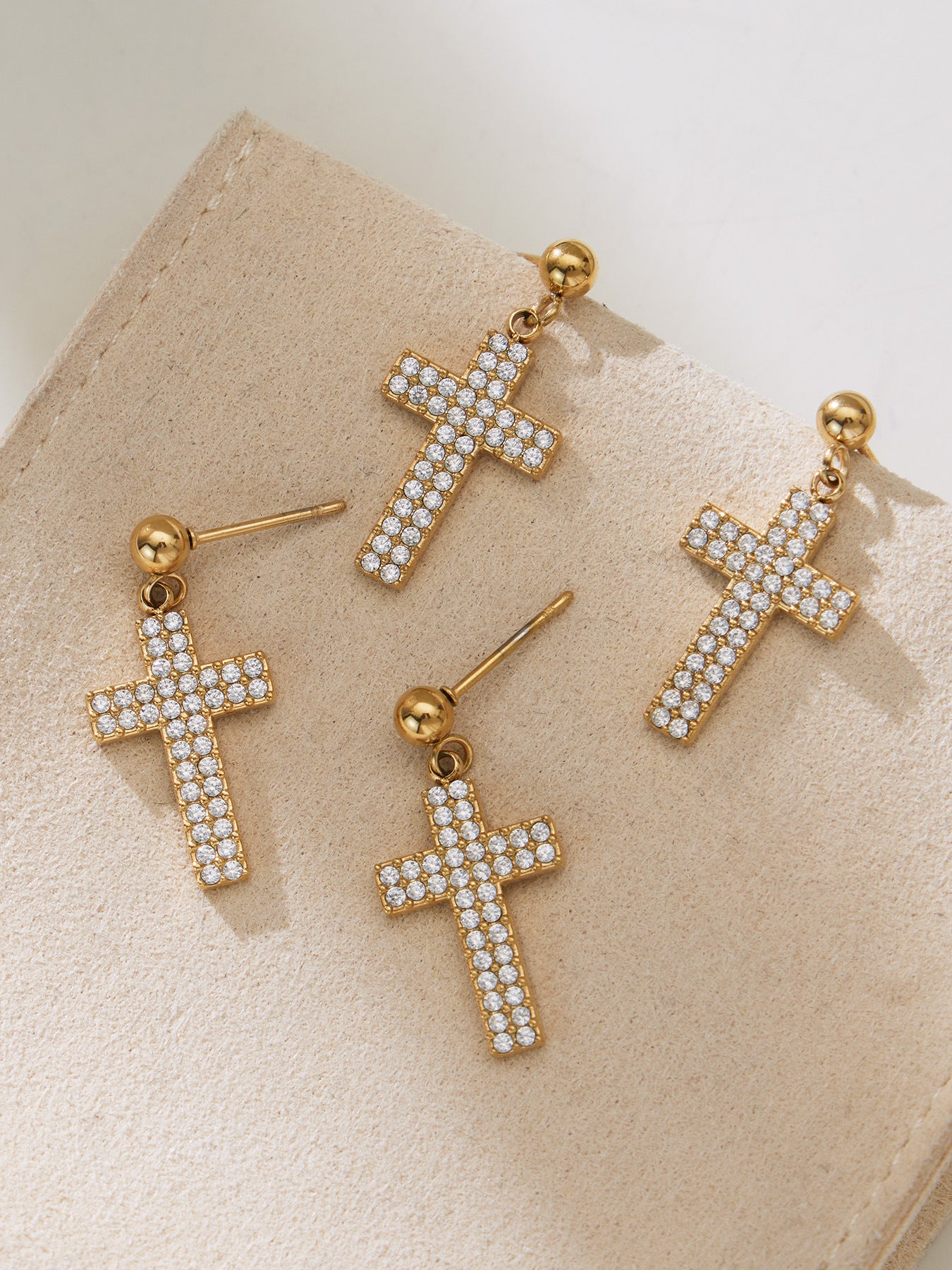 Gold Stainless Steel Cross Zirconia Necklace, Bracelet, Earrings & Ring | Minimalist Cross Jewelry Set