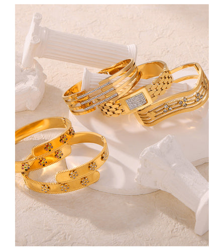 Geometric Stainless Steel Bangle with Czech Diamond & Color Ceramic Glaze – Layered Retro Bracelet Collection | WANTI Jewelry