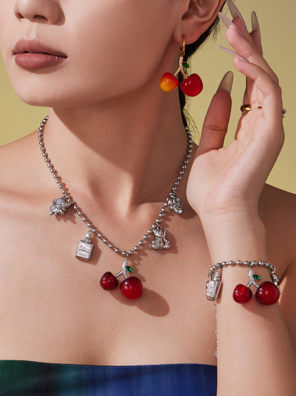 Cherry Zircon Jewelry Set | Gold & Silver Stainless Steel Necklace, Bracelet & Earrings | Trendy Red Resin Cherry Collection by WANTI Jewelry