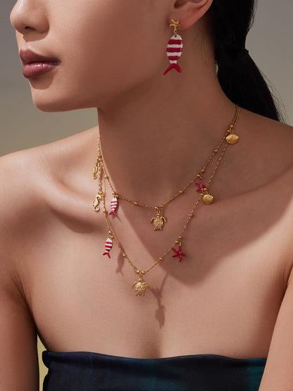 Coral Red Fish, Octopus & Turtle Pendant Jewelry Set – Stainless Steel Necklace, Bracelet, Anklet & Earrings | Trendy Ocean Style Accessories