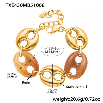 Colorful Resin Pig Nose Pendant Jewelry Set – Stainless Steel Necklace, Bracelet & Earrings | Trendy Chunky Chain Fashion Accessories