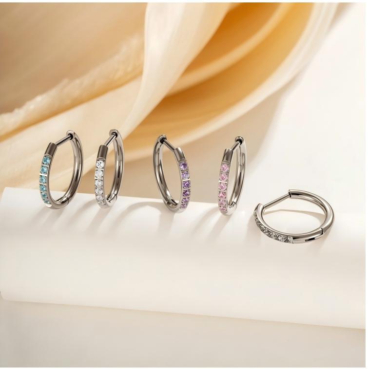 G23/F136 Titanium Paved CZ Hoop Earring Piercing – 8MM/10MM Round Stud Earrings, Hypoallergenic Body Jewelry for Daily & Professional Use