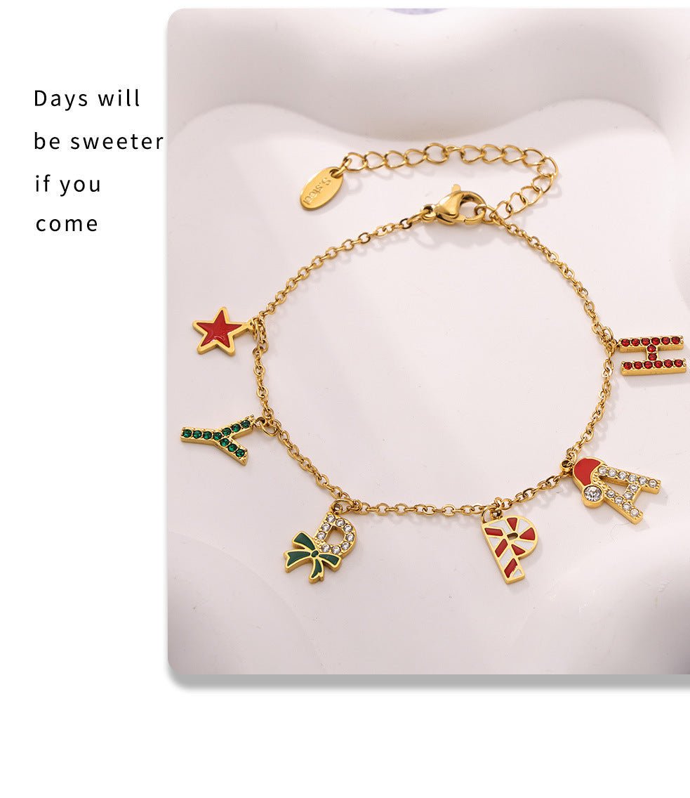 Gold Stainless Steel “HAPPY” Christmas Necklace, Bracelet & Earrings Set | Festive Gift Jewelry for Women