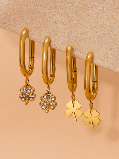 Stainless Steel Zircon Clover Dangle Earrings Set – U-Shaped Hoop Layering Earrings | Lucky Four-Leaf Clover Jewelry Gift for Women