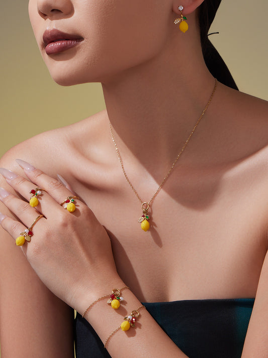 Stainless Steel Resin Lemon Zircon Pendant Necklace, Earrings, Bracelet & Ring Jewelry Set