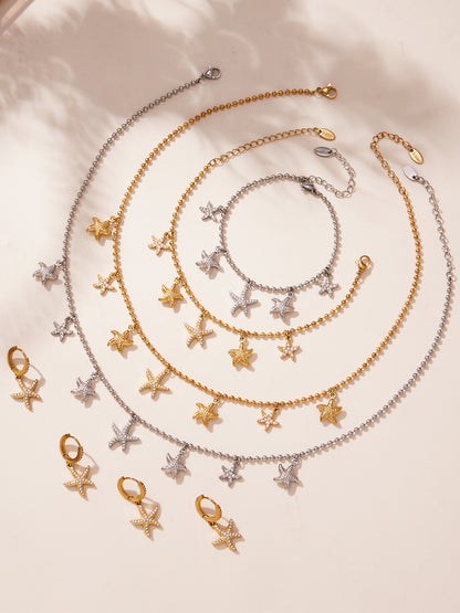 Ocean Starfish Jewelry Set – Stainless Steel Necklace, Bracelet, Earrings & Anklet | Beach Style Fashion Jewelry | Hypoallergenic Gift for Women