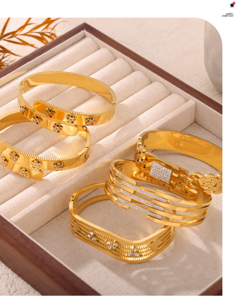 Geometric Stainless Steel Bangle with Czech Diamond & Color Ceramic Glaze – Layered Retro Bracelet Collection | WANTI Jewelry