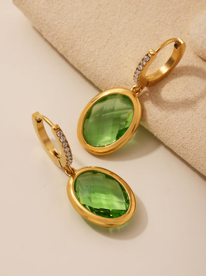 Colorful Oval Glass Stone Stainless Steel Drop Earrings – Elegant Lightweight Statement Jewelry | WANTI Jewelry