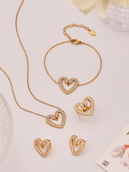 Stainless Steel Zircon Double Swan Heart Necklace, Bracelet, Ring & Earrings Jewelry Set