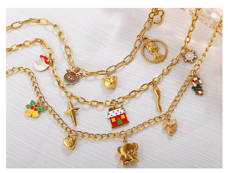 Halloween Christmas Gold Plated Stainless Steel Necklace - Heart Tree Tassel Pendant - Drip Oil Design - Minimalist Fashion Jewelry for Women