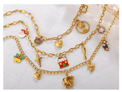 Halloween Christmas Gold Plated Stainless Steel Necklace - Heart Tree Tassel Pendant - Drip Oil Design - Minimalist Fashion Jewelry for Women