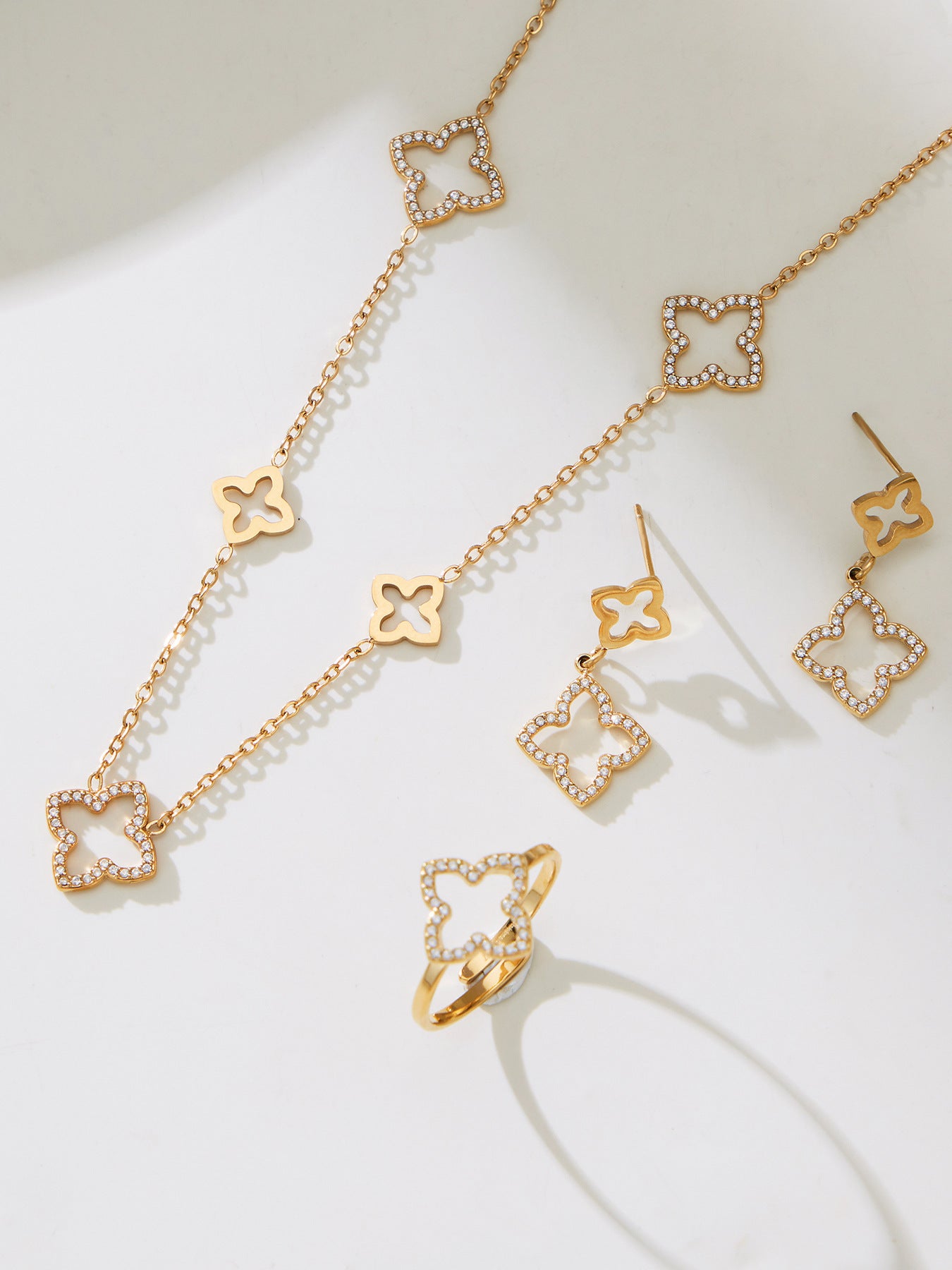 Stainless Steel Four-Leaf Clover Zirconia Jewelry Set – Necklace, Earrings & Ring | Minimalist Lucky Clover Jewelry | Fashion Stainless Steel Accessories