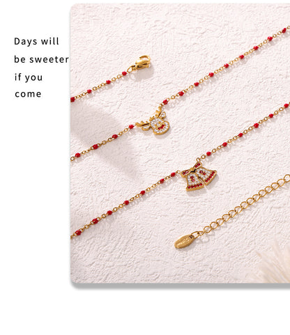 Gold Stainless Steel Christmas Bell & Reindeer Zircon Pendant Necklace | Festive Holiday Jewelry Gift